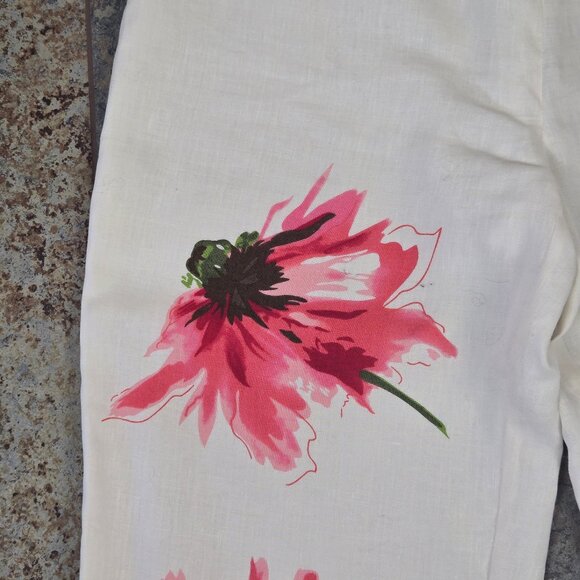 Silkland Size 10 100% Linen White Casual Pants Pink Floral Graphics Lined - Picture 4 of 9